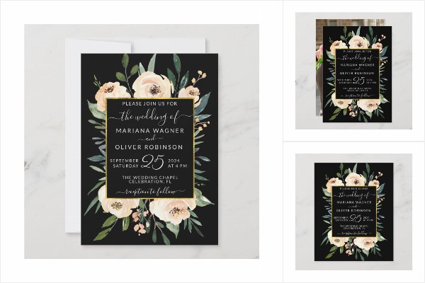Black Floral Beige Blush Wedding Invitation Suite