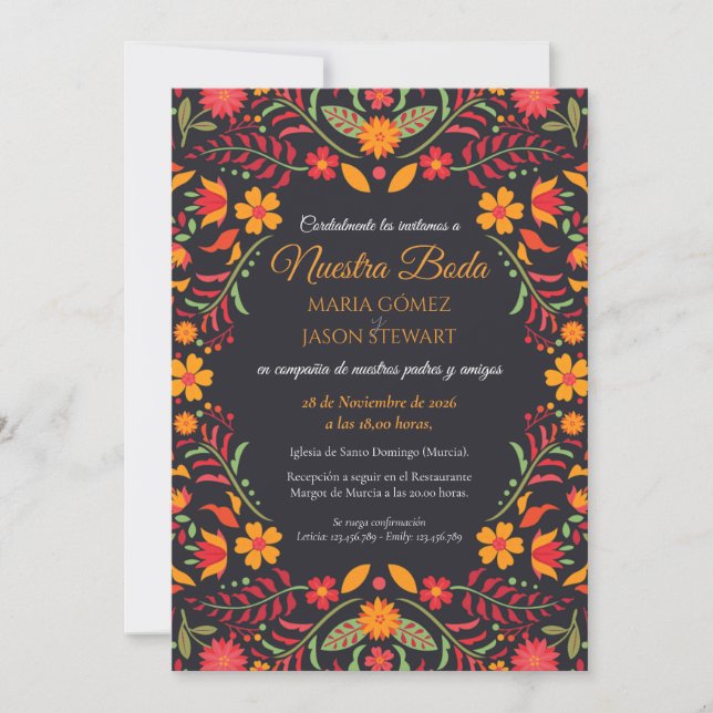 Black Floral Boda Fiesta Colorful Spanish Wedding Invitation (Front)
