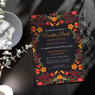 Black Floral Boda Fiesta Colorful Spanish Wedding Invitation