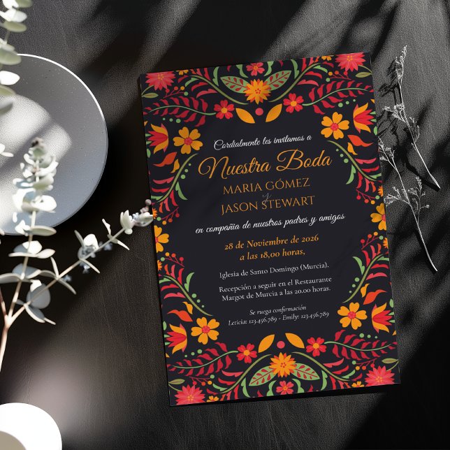Black Floral Boda Fiesta Colorful Spanish Wedding Invitation (Black Floral Boda Fiesta Colorful Spanish Wedding Invitation)