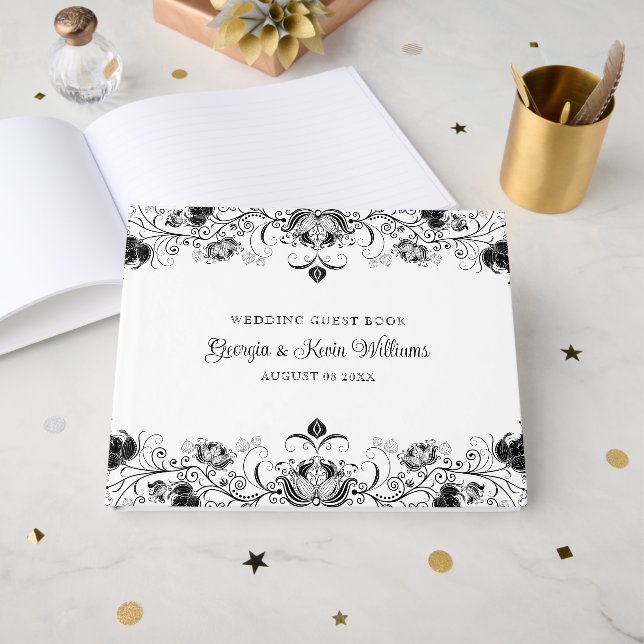 Black floral border on white guest book (Front Open)