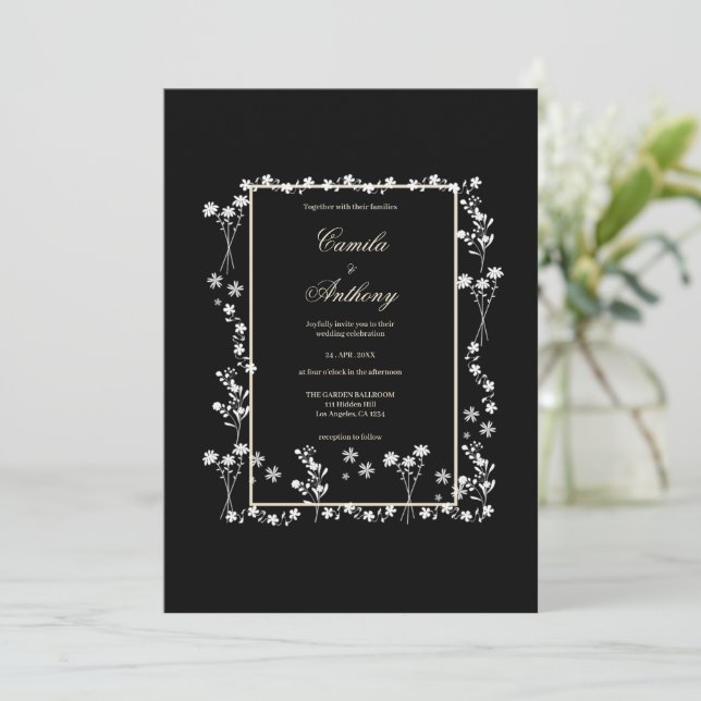 Black Floral Border Wedding Invitation (Standing Front)