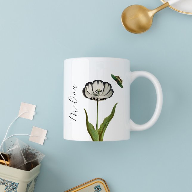 Black Floral Botanical Minimal Floral Two-Tone Coffee Mug (Creator Uploaded)