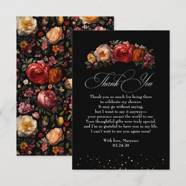 Black Floral Botanical Moody Dutch Thank You Card (Front/Back)