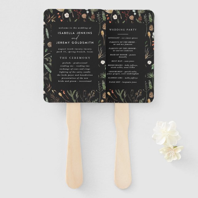 Black floral botanical wedding modern elegant fall hand fan (Front and Back)
