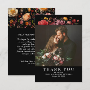 Black Floral Botanical Wedding Photo Thank You Card