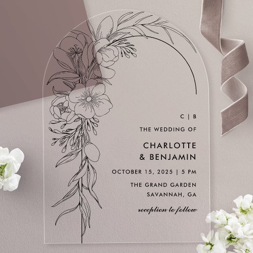 Black Floral Bouquet Arch Wedding Acrylic Invitations