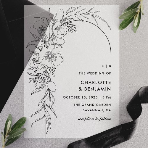 Black Floral Bouquet Arch Wedding Vellum Invitations