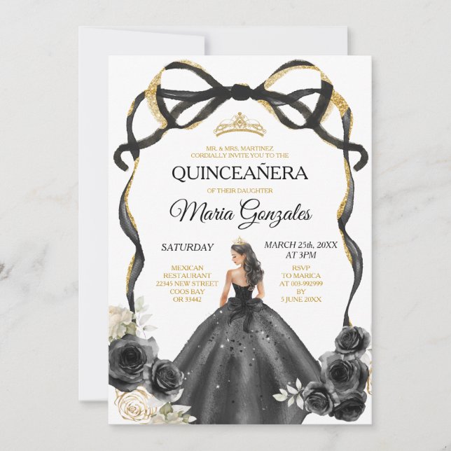 Black Floral Bow Princess Gold Crown Quinceañera Invitation (Front)