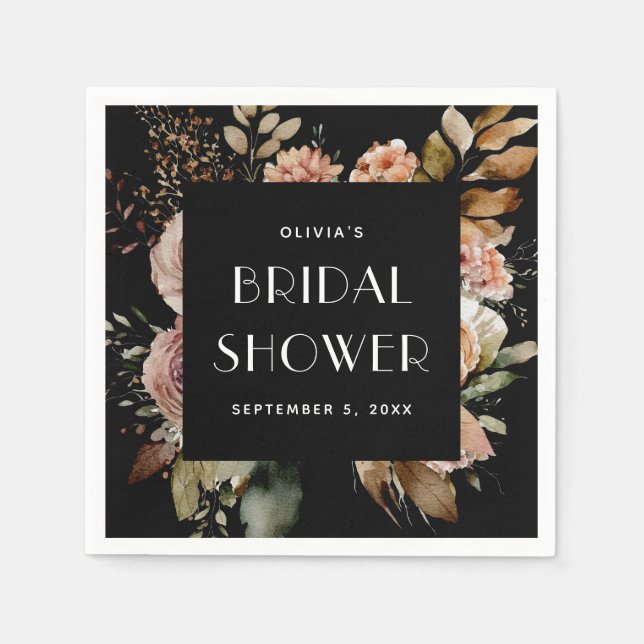 Black Floral Bridal Shower | Boho Chic Elegant Napkins (Front)