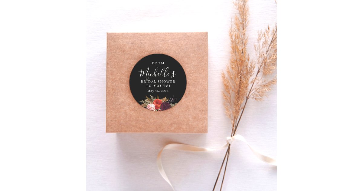 Black Floral Bridal Shower Classic Round Sticker | Zazzle