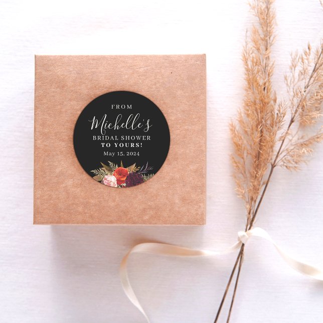 Black Floral Bridal Shower Classic Round Sticker (Creator Uploaded)
