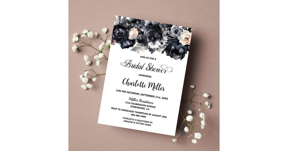 Black Floral Bridal Shower Invitation | Zazzle