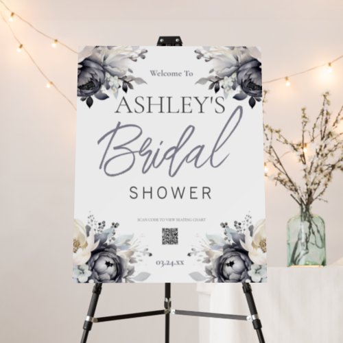 Black Floral Bridal Shower QR Code Welcome Sign