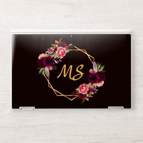 Black floral burgundy gold geo monogram HP laptop skin