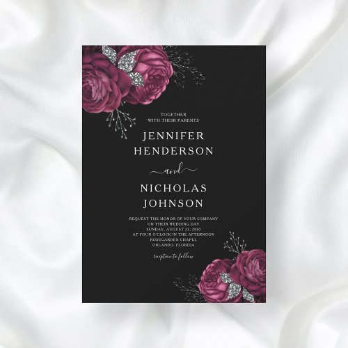 Black Floral Burgundy Peonies Wedding Invitation