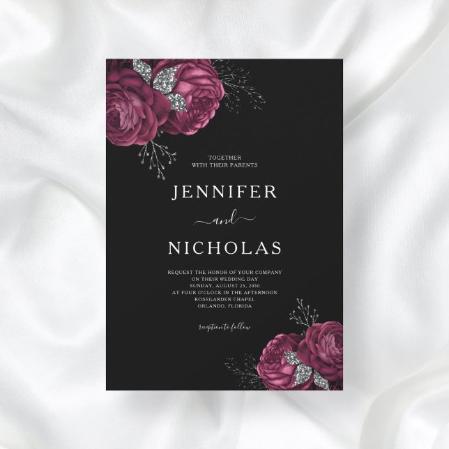 Black Floral Burgundy Peonies Wedding Invitation (Creator Uploaded)