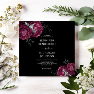 Black Floral Burgundy Peonies Wedding  Invitation