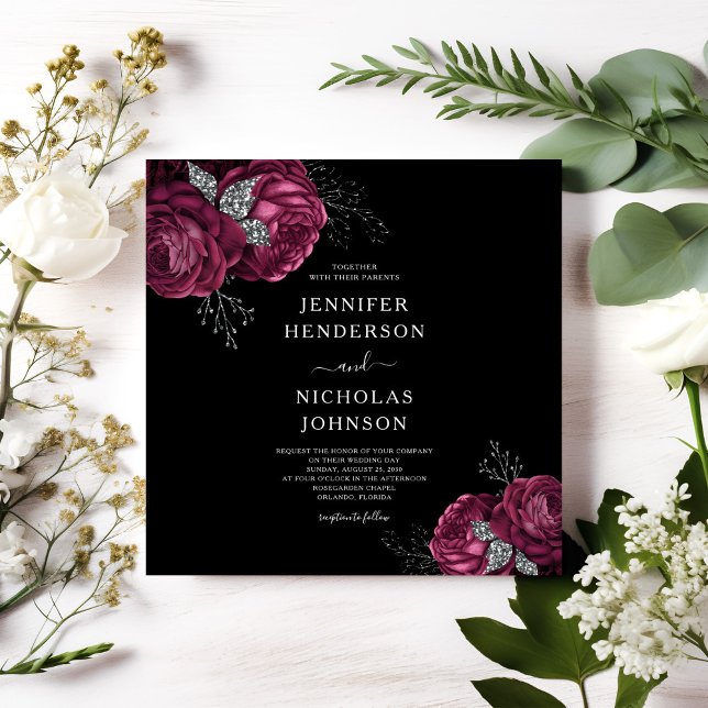 Black Floral Burgundy Peonies Wedding  Invitation (Black Floral Burgundy Peonies Wedding Invitation)