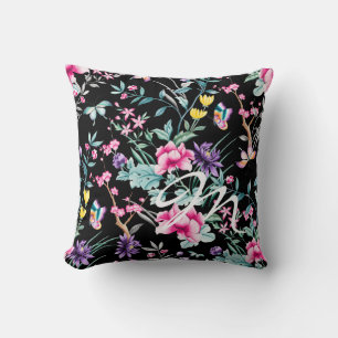 Black Floral & Butterfly Monogram Throw Pillow