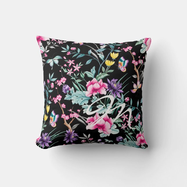 Black Floral & Butterfly Monogram Throw Pillow (Front)