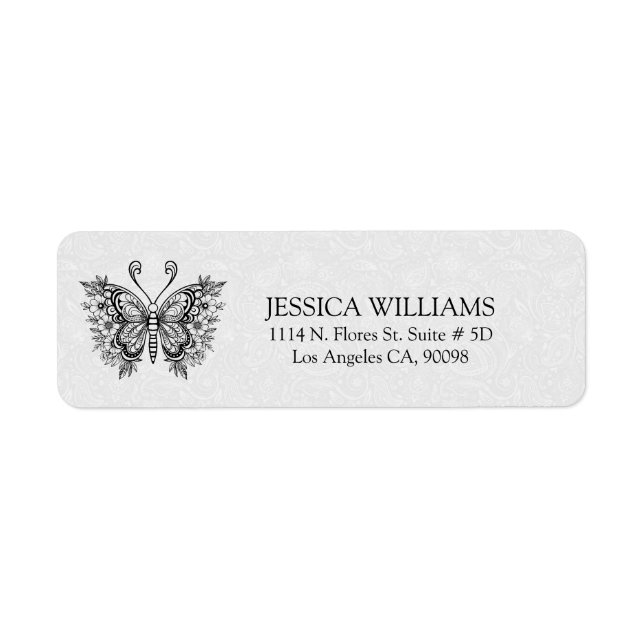 Black floral Butterfly On White Damasks Label (Front)