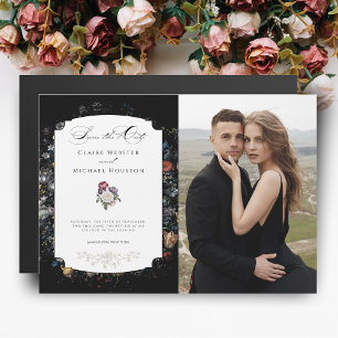 Black Floral Calligraphy/Photo Save the Date Magnetic Invitation