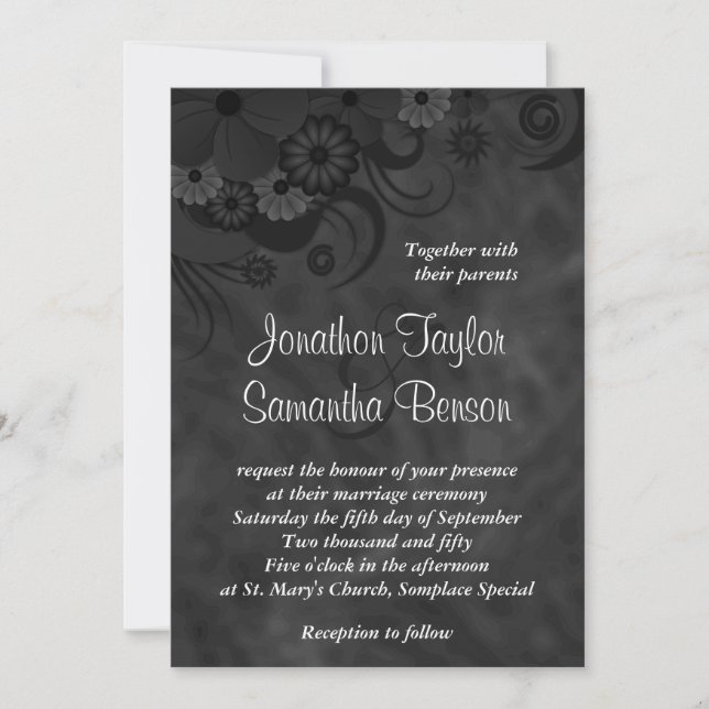 Black Floral Chalkboard 5" x 7" Wedding Invitation (Front)