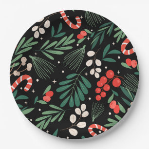 Black floral christmas  paper plates