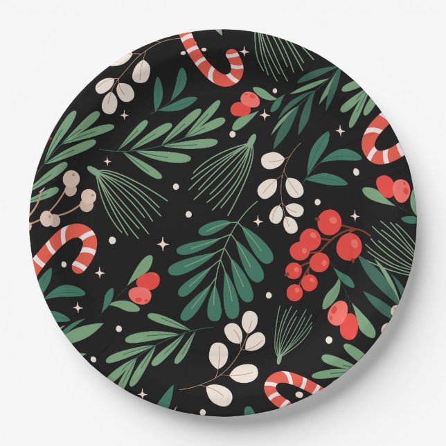Black floral christmas  paper plates (Front)