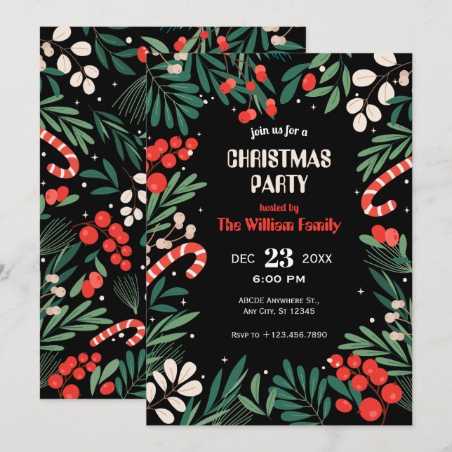 Black floral christmas party invitation (Front/Back)