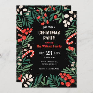 Black floral christmas party invitation