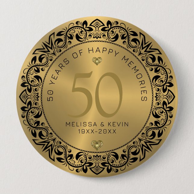 Black Floral Circle 50th Wedding Anniversary Button (Front)