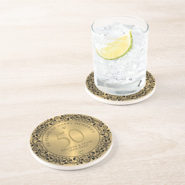 Black Floral Circle 50th Wedding Anniversary Ceram Coaster (Side)
