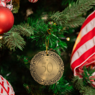 Black Floral Circle 50th Wedding Anniversary Ceramic Ornament