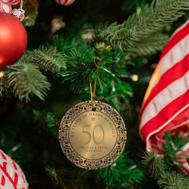 Black Floral Circle 50th Wedding Anniversary Ceramic Ornament (Creator Uploaded)