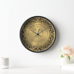 Black Floral Circle 50th Wedding Anniversary Clock<br><div class="desc">Black ornate floral circle on gold tones background,  customizable gold wedding Anniversary. Celebrating 50 years of happy memories customizable text.</div>