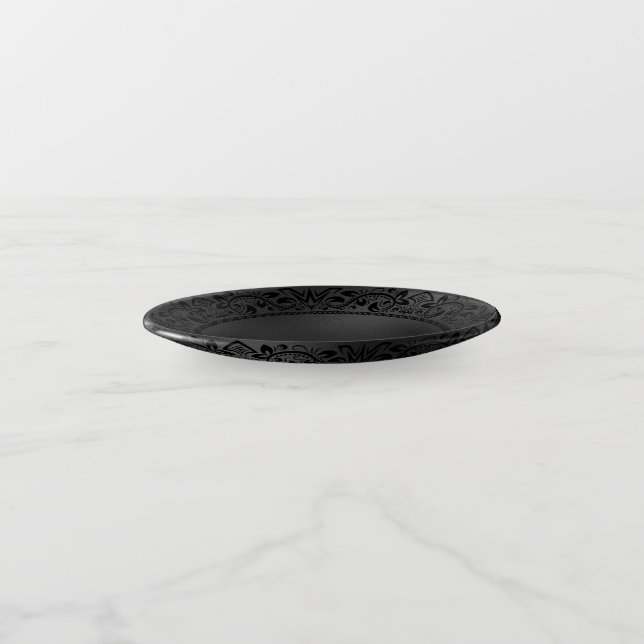 Black Floral Circle Black Iridescent Texture Trinket Tray (Angled)