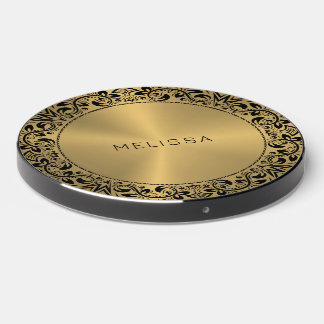 Black Floral Circle Gold background Wireless Charger