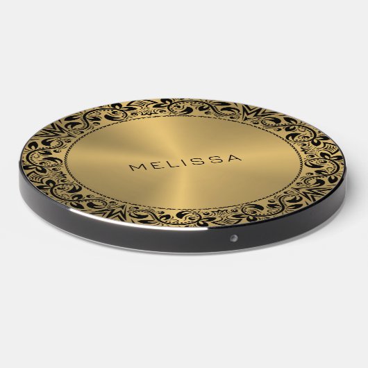 Black Floral Circle Gold background Wireless Charger (Front 2)