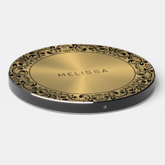 Black Floral Circle Gold background Wireless Charger (Front 2)