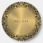 Black Floral Circle Gold background Wireless Charger (Front)