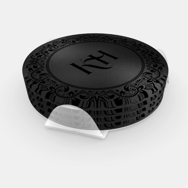 Black Floral Circle Iridescent Black Texture Coaster Set (Set)