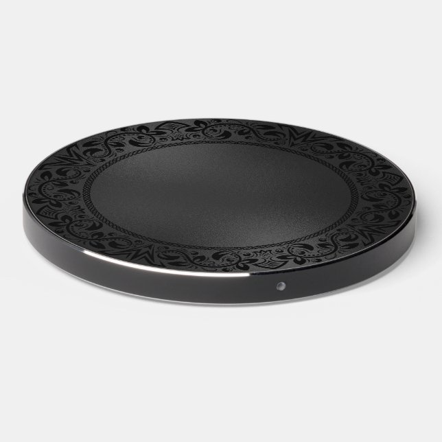 Black Floral Circle Iridescent Black Texture Wireless Charger (Front 2)