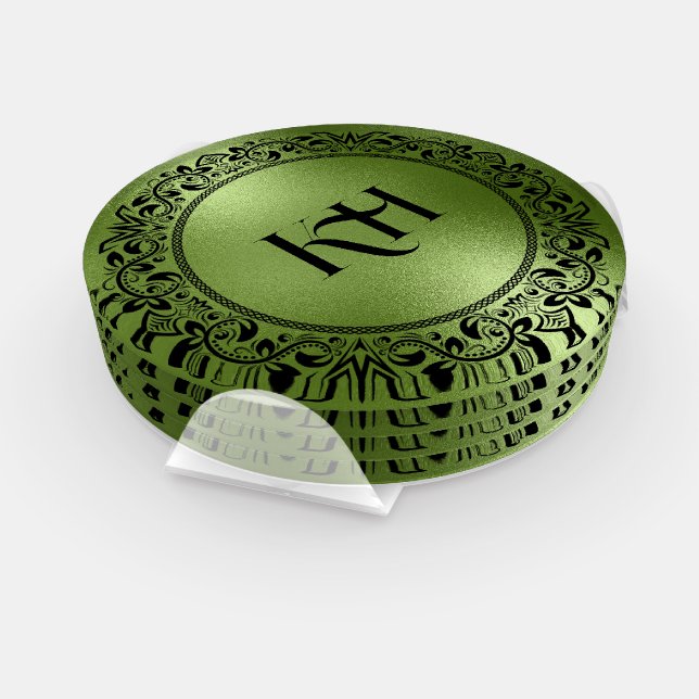 Black Floral Circle Iridescent Green Texture Coaster Set (Set)