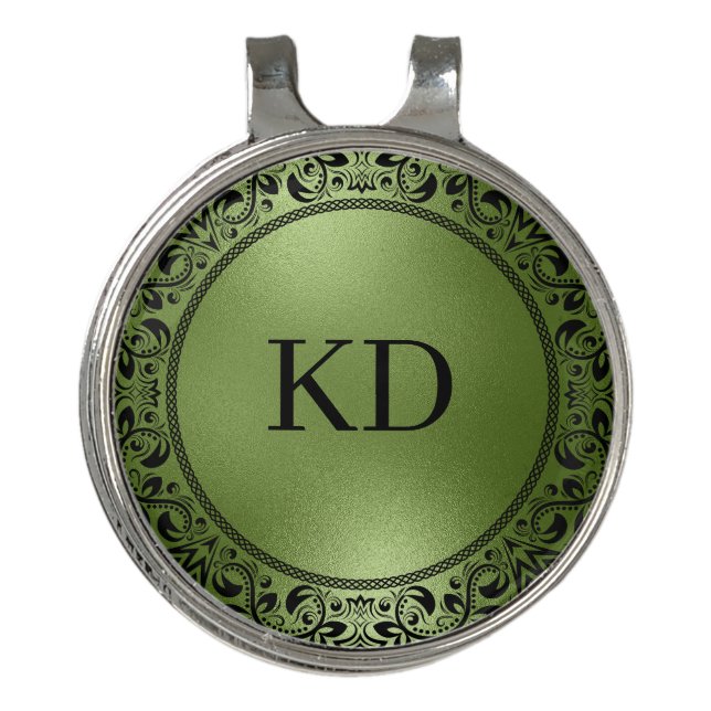 Black Floral Circle Iridescent Green Texture Golf Hat Clip (Front)