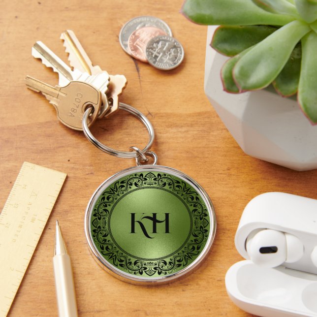 Black Floral Circle Iridescent Green Texture Keychain (Desk)