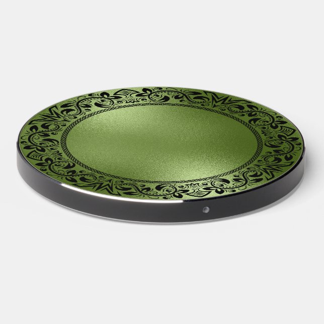 Black Floral Circle Iridescent Green Texture Wireless Charger (Front 2)