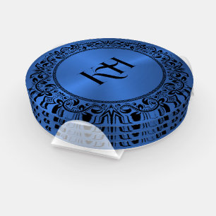 Black Floral Circle Metallic Blue Background Coaster Set