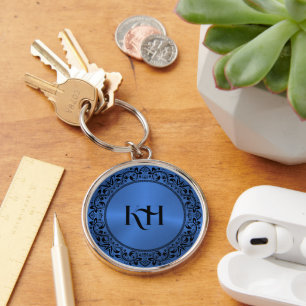Black Floral Circle Metallic Blue Background Keychain